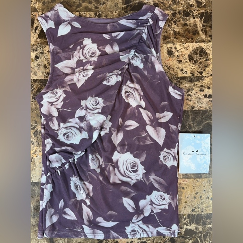 Rebellious Dreamer Mesh Lined Sleeveless Tank Shirt Purple Floral